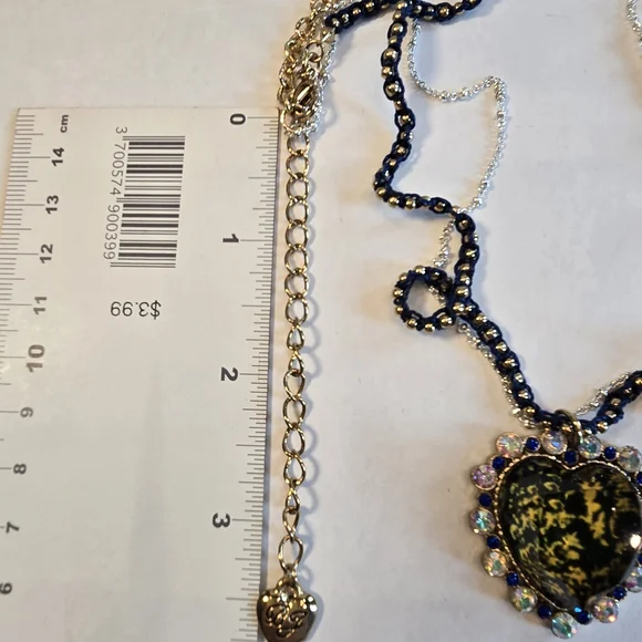 Betsey Johnson Gold and Navy CRYSTAL Heart Necklace with Iridescent Accents - Picture 9 of 12